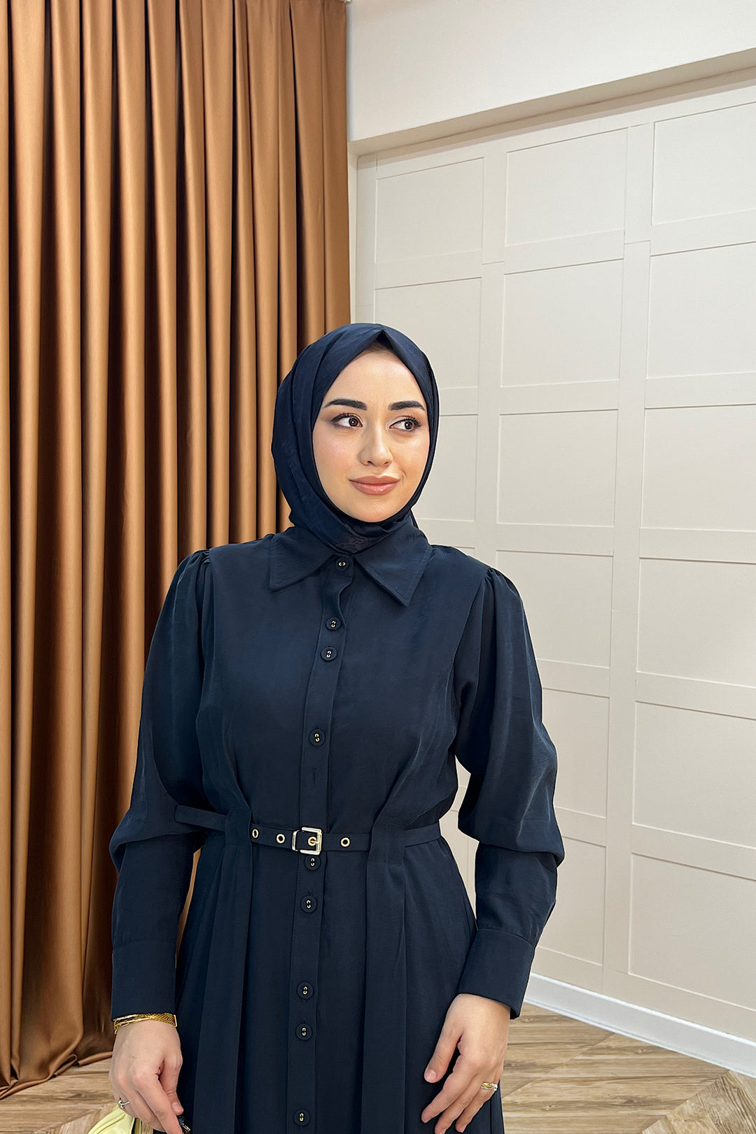 Nisa Boydan Düğmeli Elbise Lacivert 3000-LACIVERT