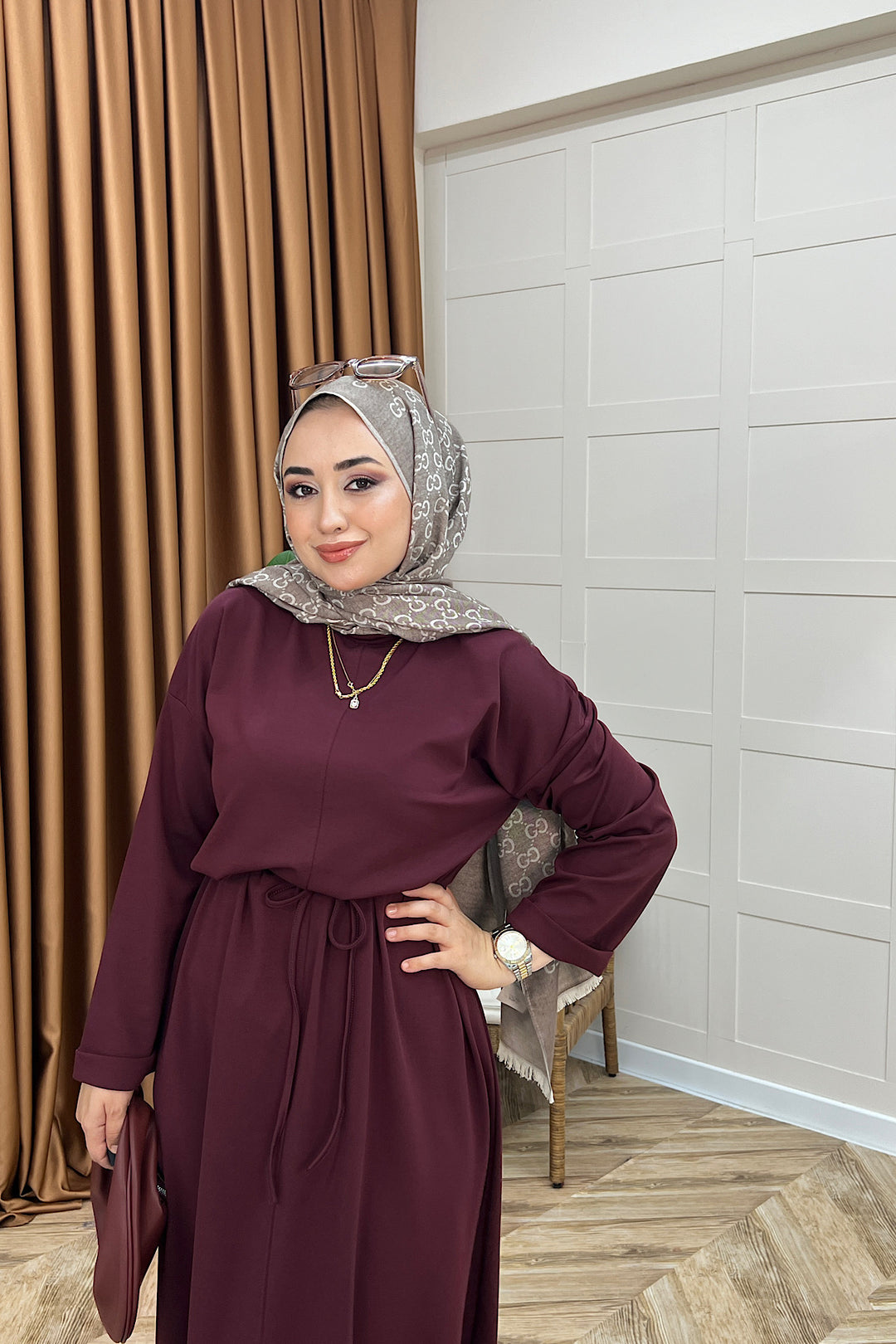 Aura Kuşaklı Elbise Bordo 3138-BORDO