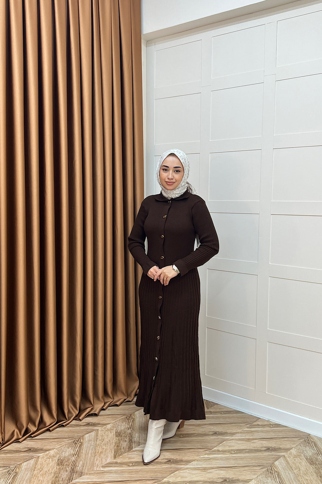 Endam Düğmeli Triko Elbise Kahverengi 10201-KAHVERENGI