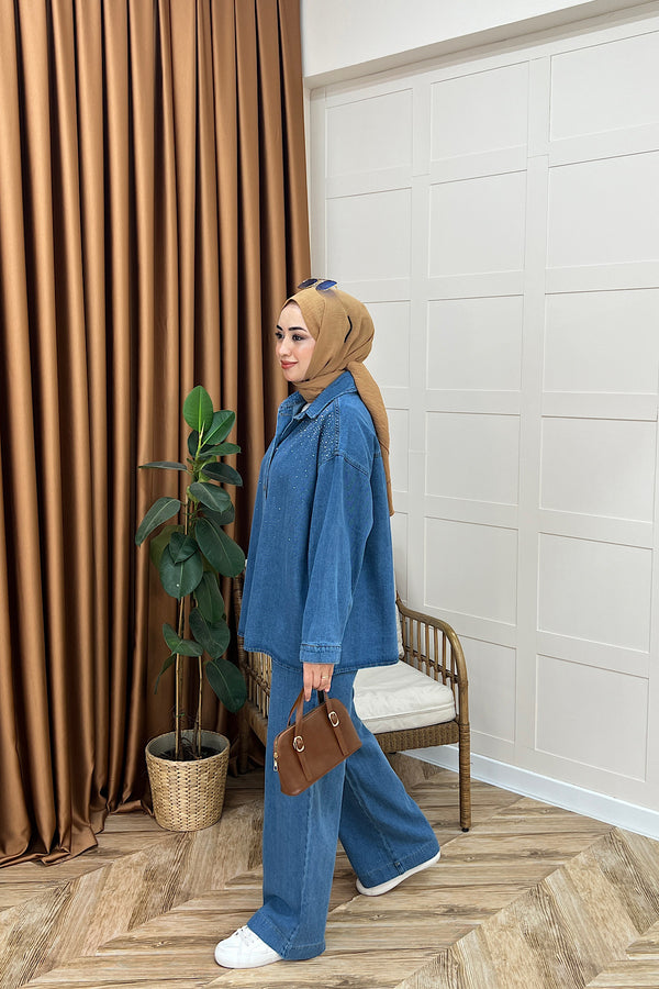 Reyna Taş İşlemeli Kot Takım Mavi 62806-MAVI