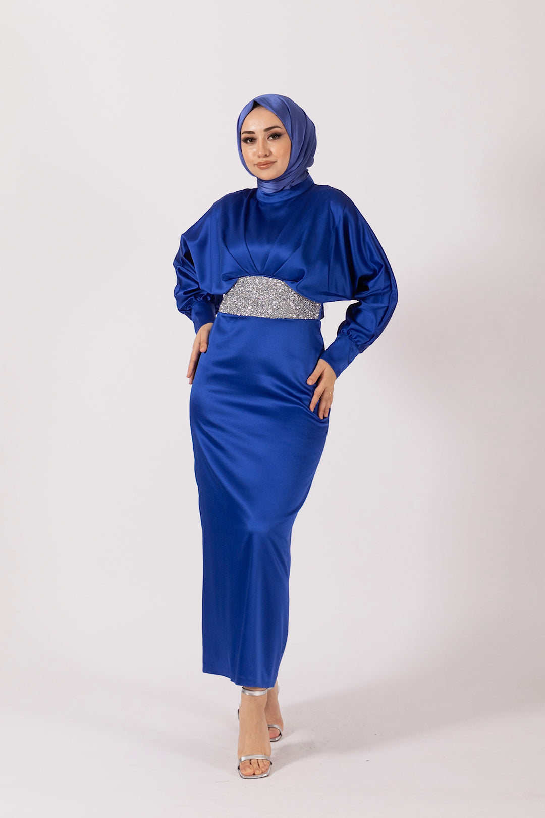 Beli Taş Detay Saten Abiye Saks 4862-SAKS