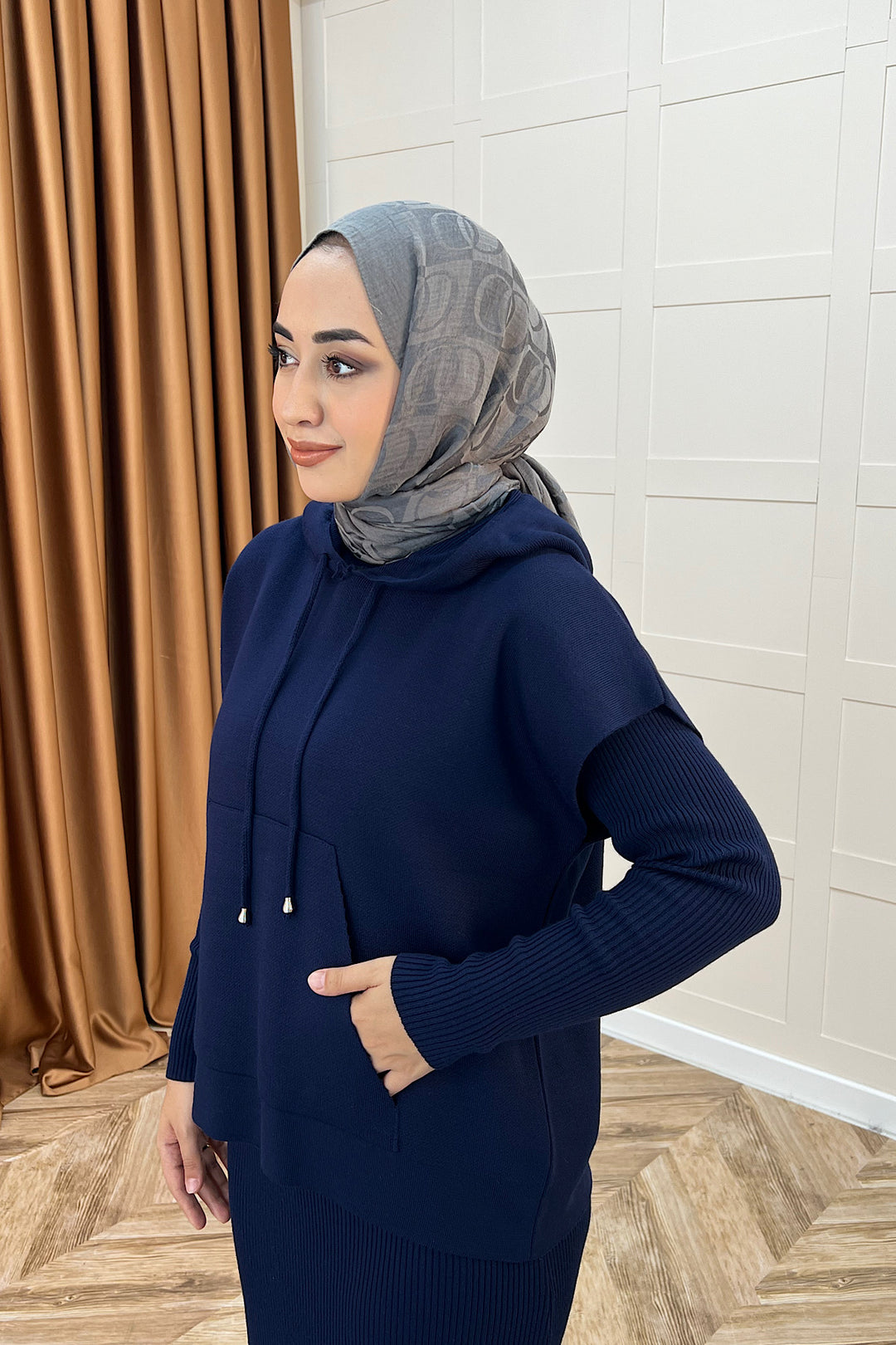 Üst Kapüşonlu İkili Triko Elbise Lacivert 25290-LACIVERT