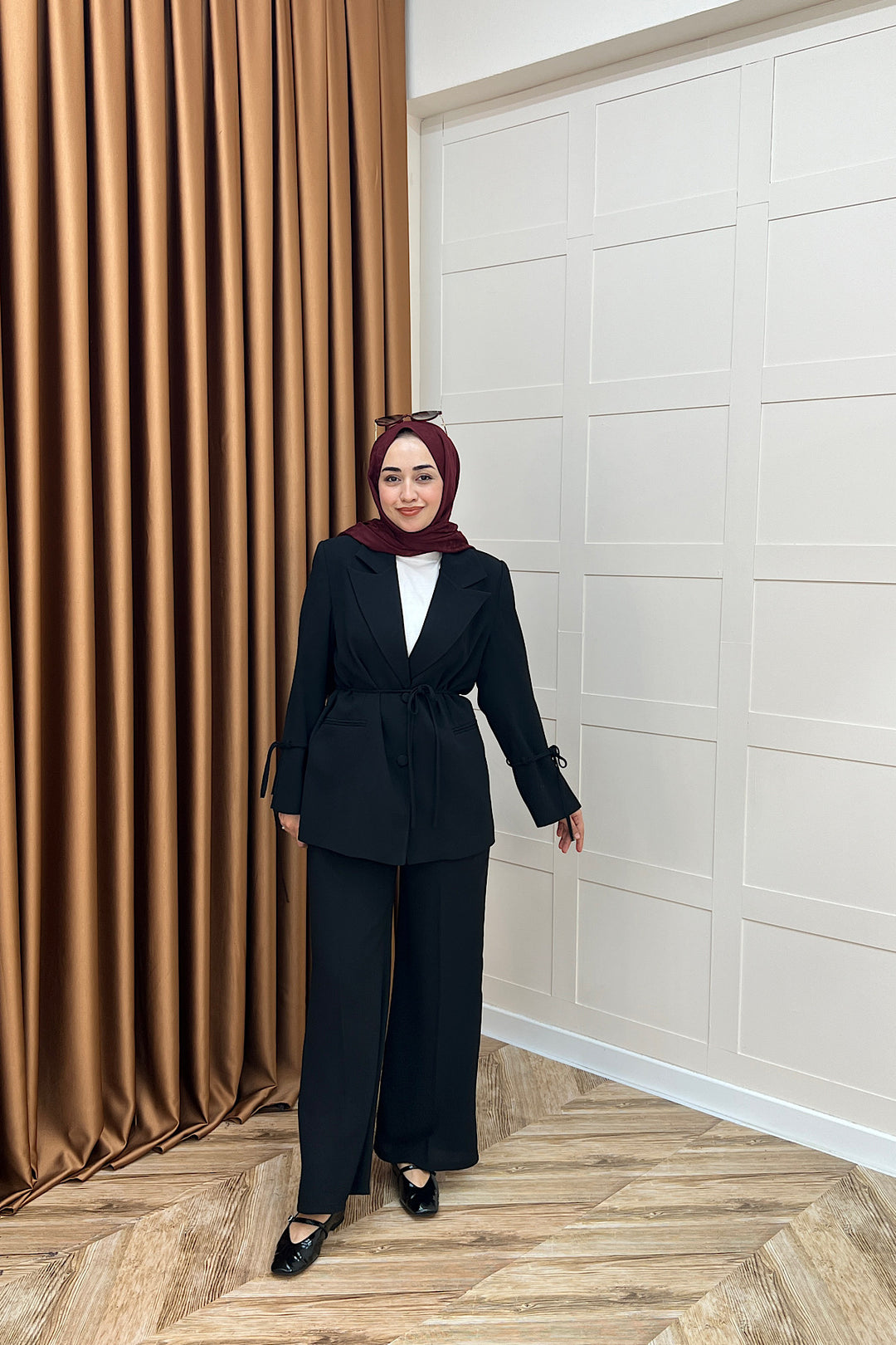 Kuşak Detay Ceket Takım Siyah 5004-SIYAH