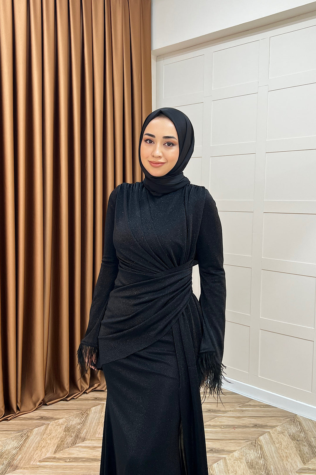 Rosalin Tüy Detay Abiye Siyah 3088-SIYAH