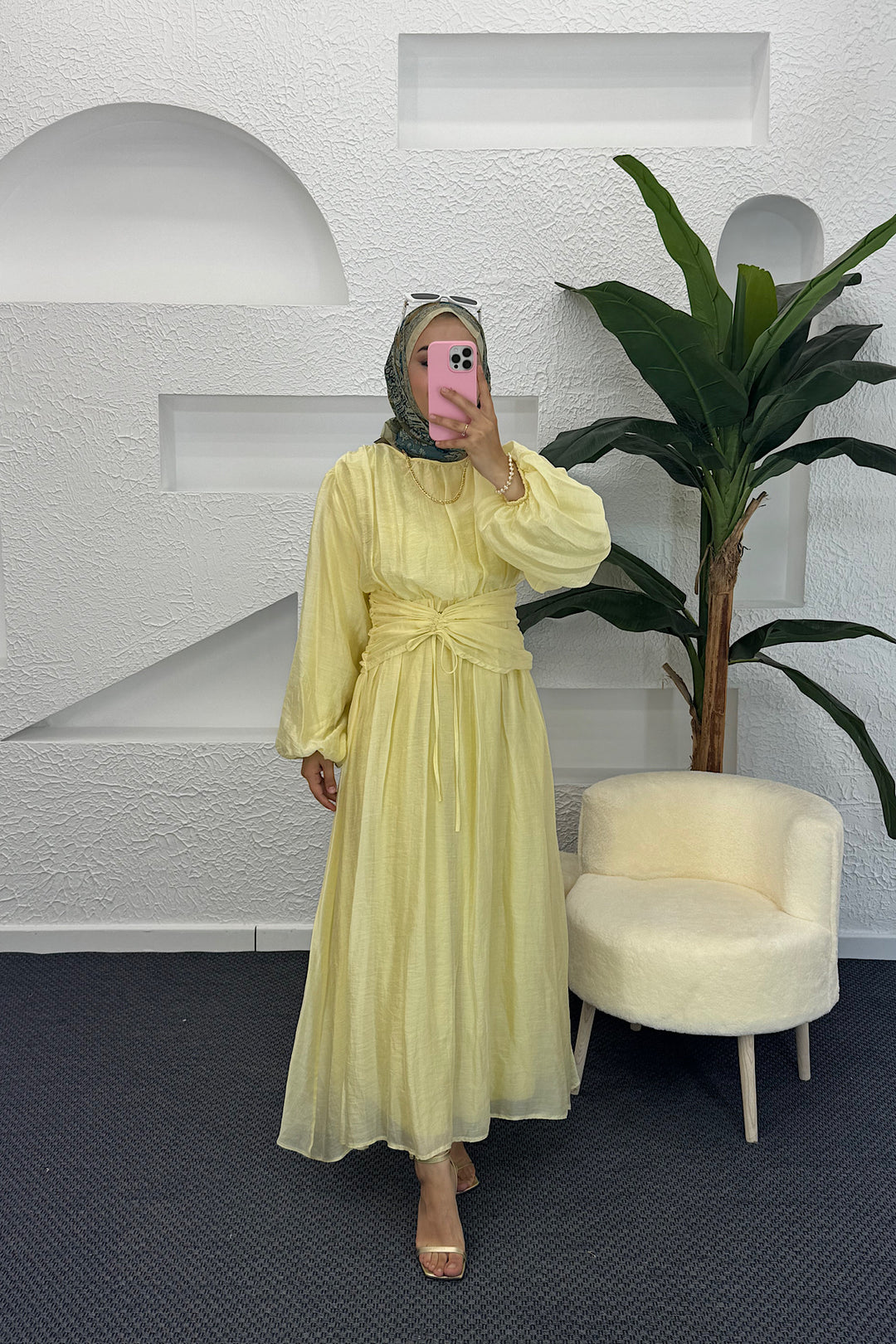 Belden Bağlamalı Elbise Sarı 3372-SARI