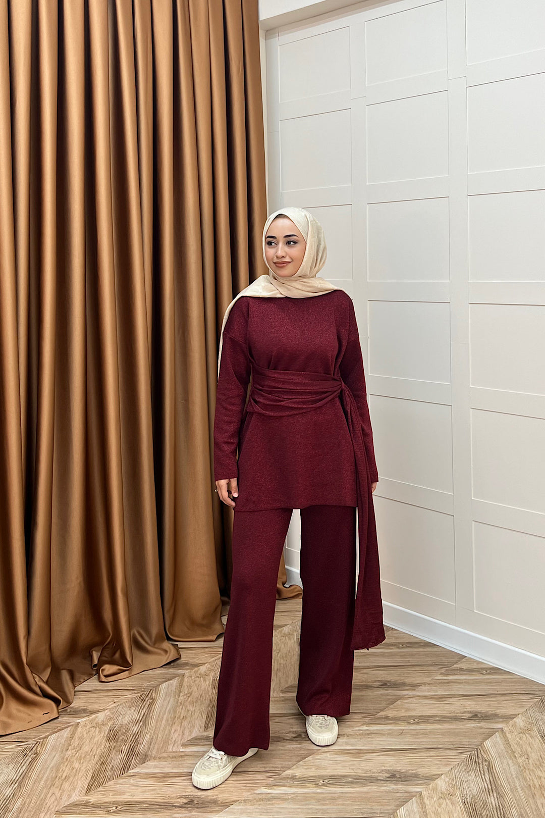 Yakamoz  Şal Detay Simli Triko Takım Bordo 25280-BORDO