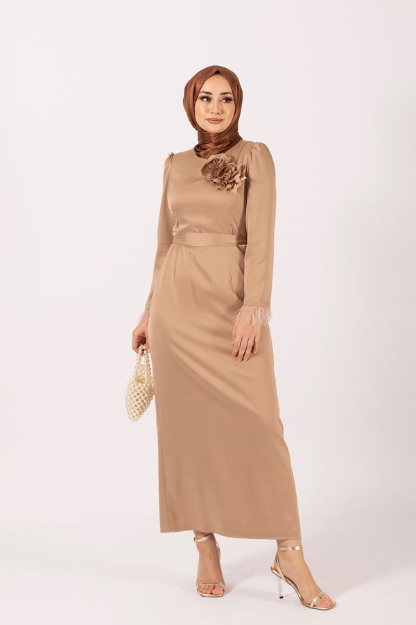 Broş Detay Saten Abiye Vizon 4892-VIZON