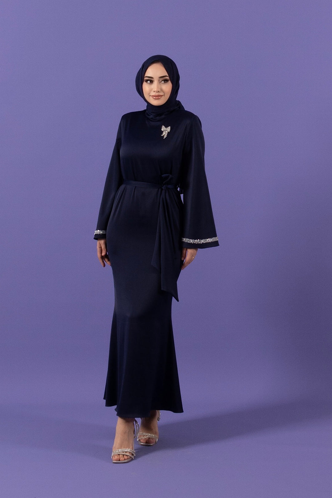 Kolları Taş Detay Saten Abiye Lacivert 3011-LACIVERT