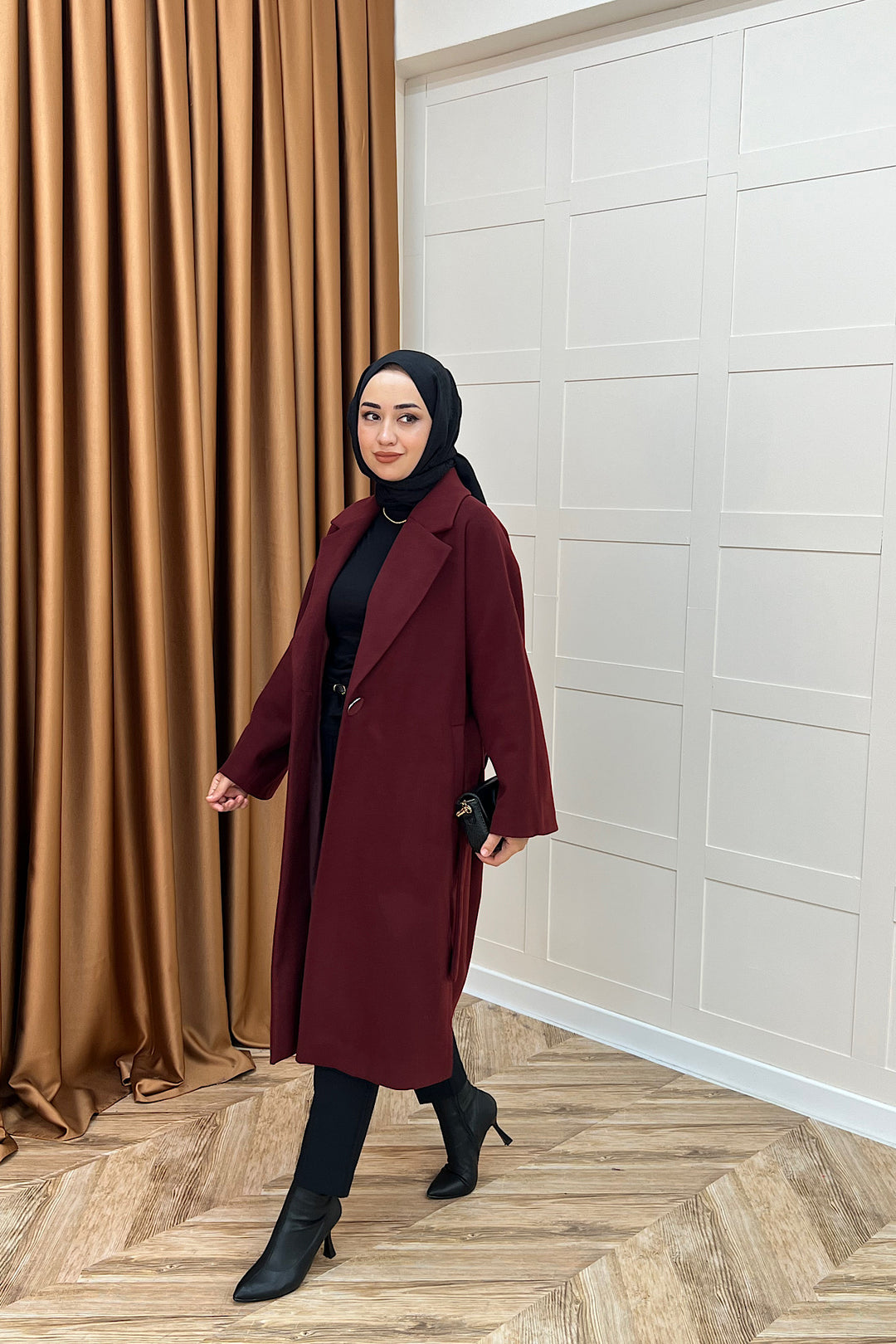 Yıldız Premium Kumaş Kuşaklı Kaban Bordo 5515-BORDO