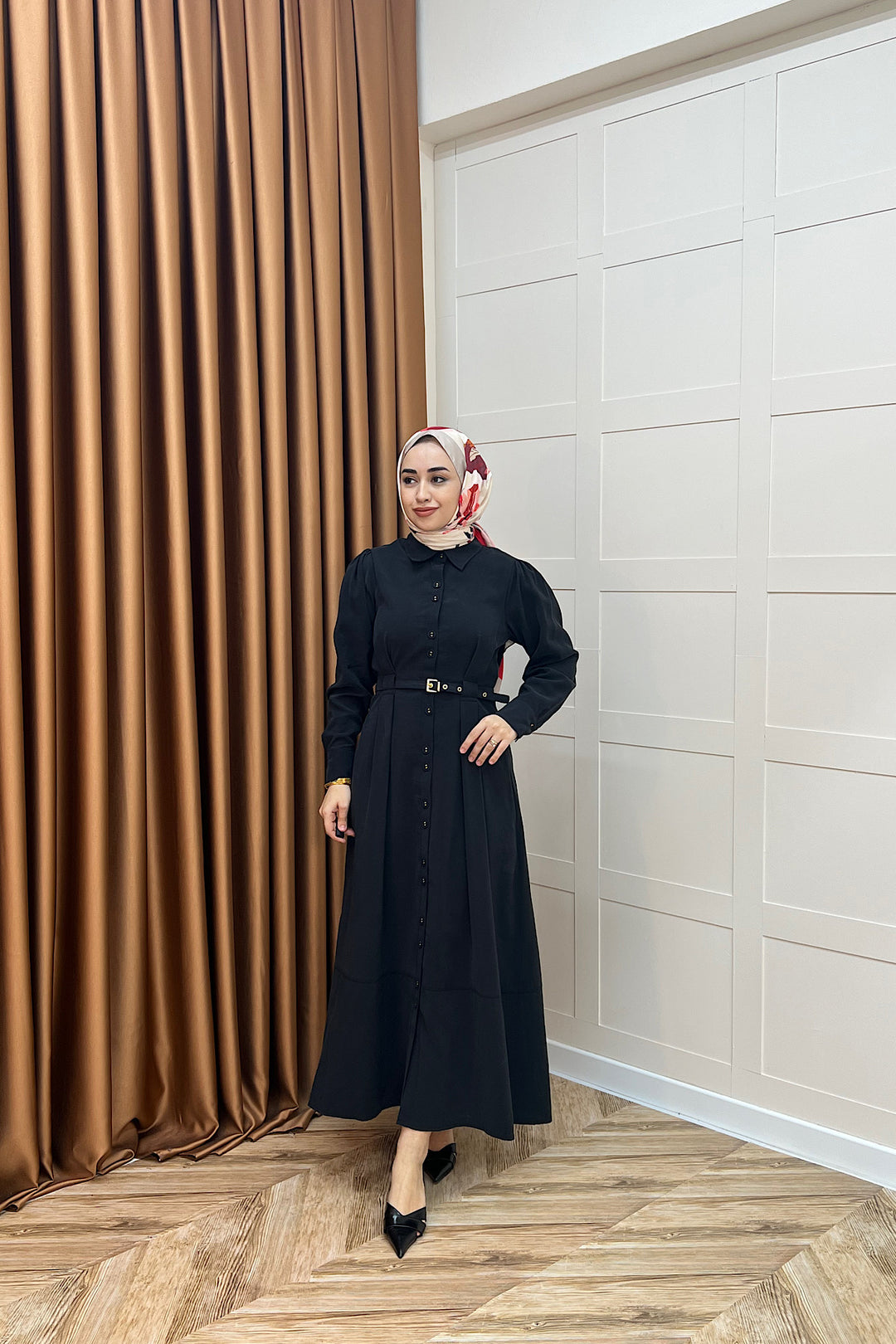 Nisa Boydan Düğmeli Elbise Siyah 3000-SIYAH