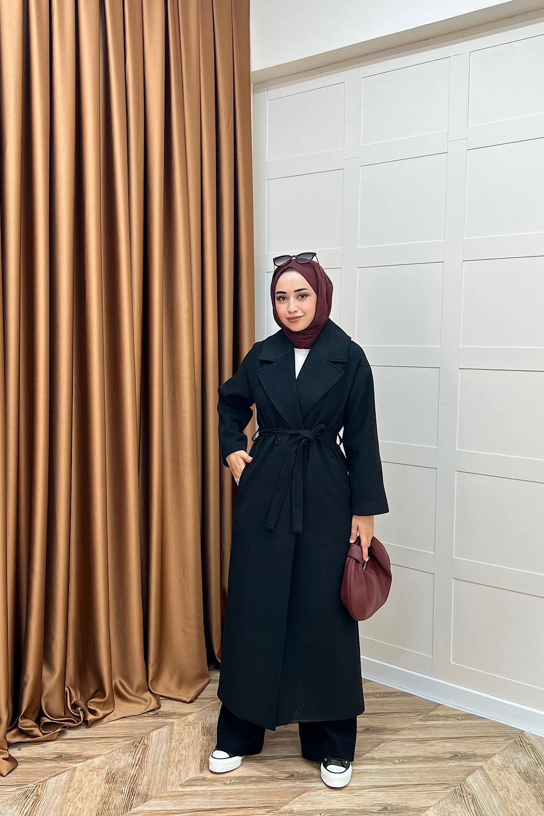 Retro Premium Kumaş Uzun Kaşe Kaban Siyah 5509-SIYAH