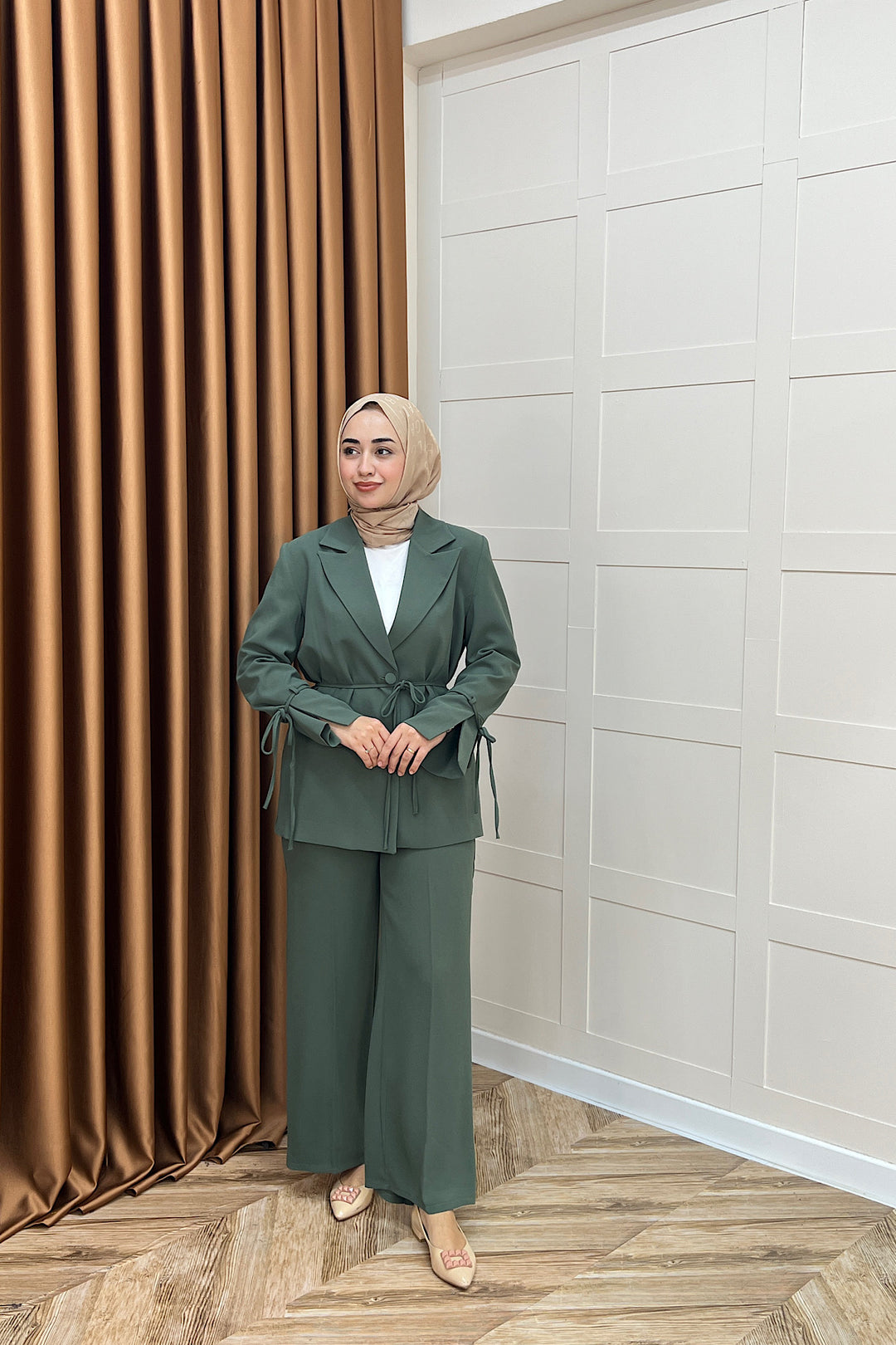 Kuşak Detay Ceket Takım Yeşil 5004-YESIL