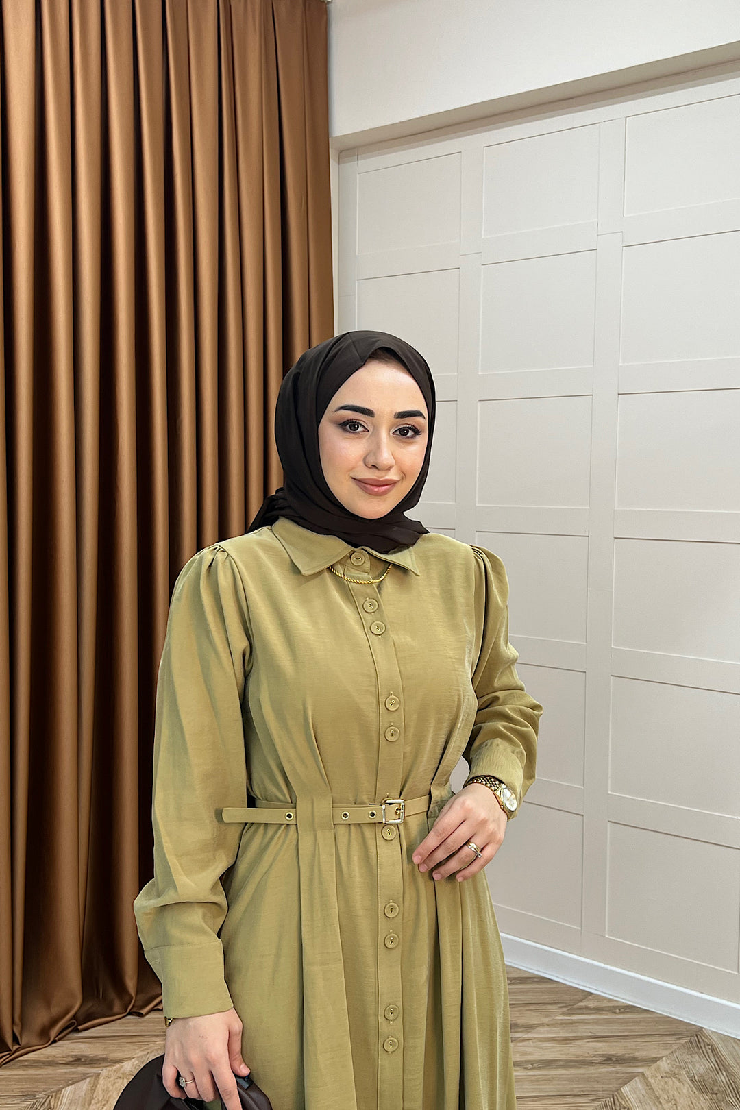 Nisa Boydan Düğmeli Elbise Yağ Yeşili 3000-YAGYESILI