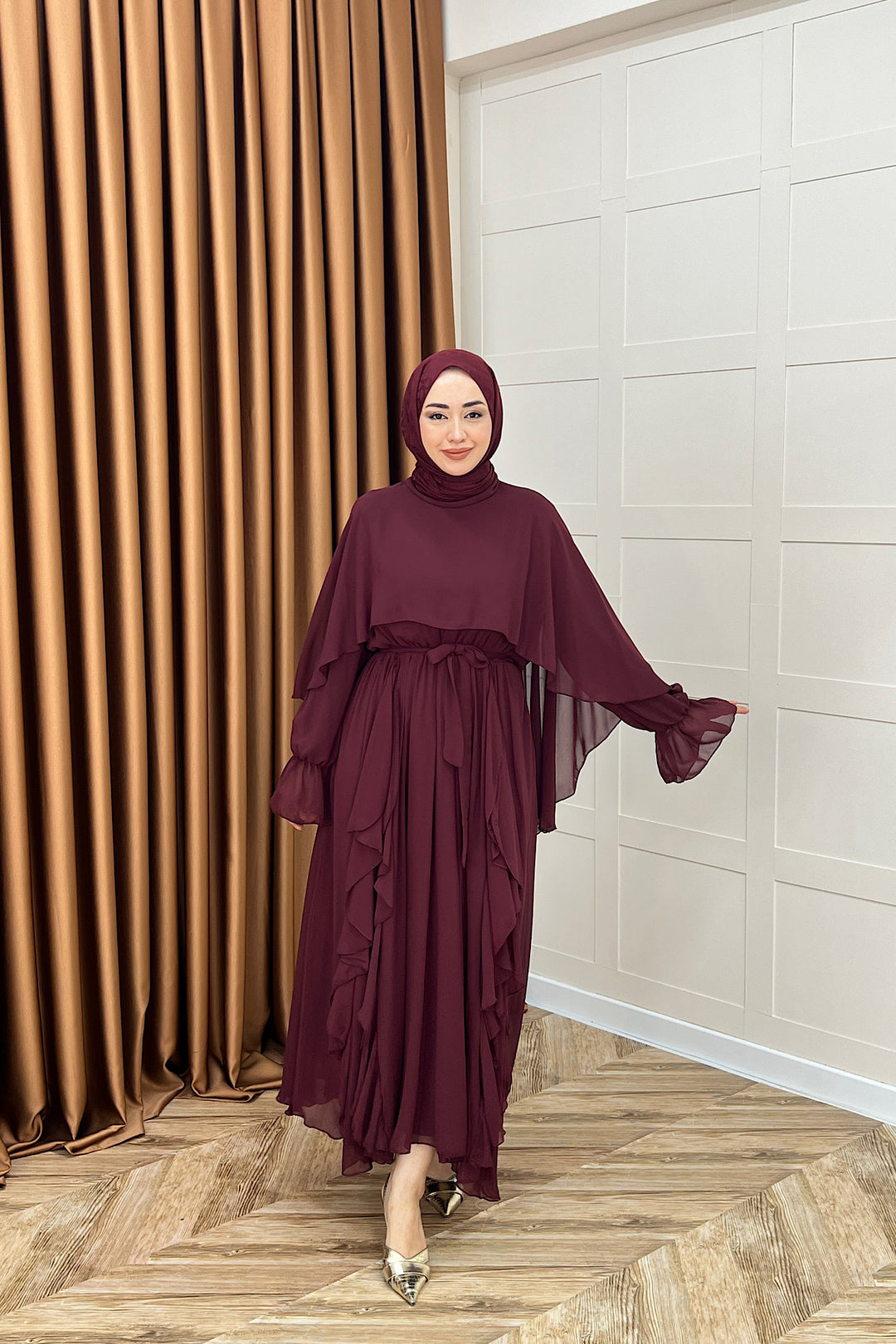 Lovely Şifon Fırfırlı Elbise Bordo 02001-BORDO