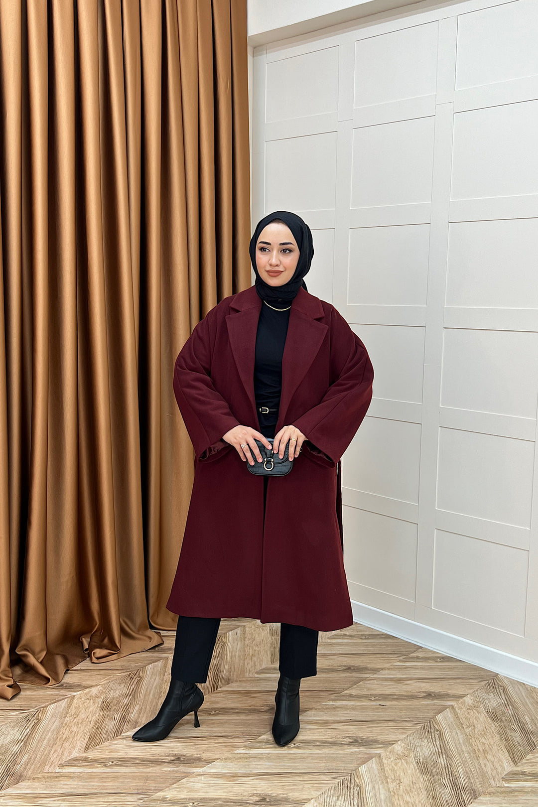 Yıldız Premium Kumaş Kuşaklı Kaban Bordo 5515-BORDO