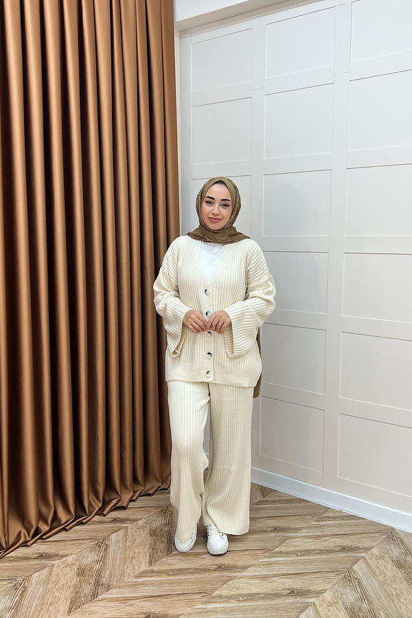 Galata Fitilli Triko Hırka Takım Krem 25630-KREM