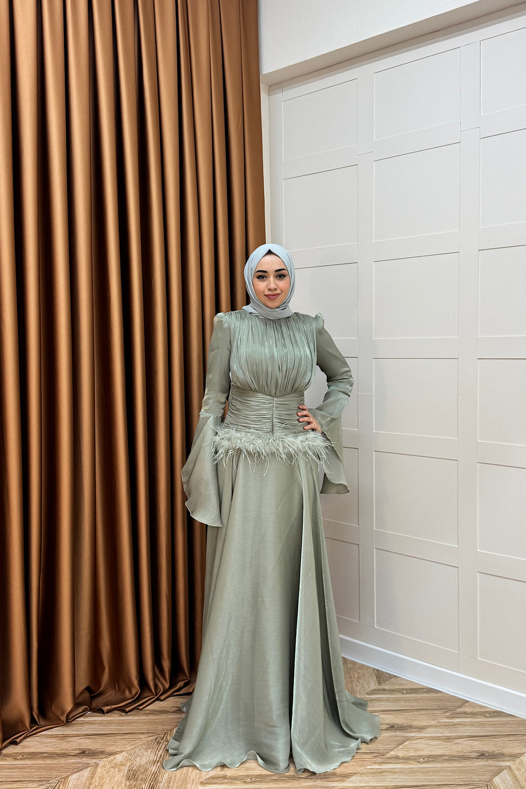 Nova Bel Drapeli Abiye Yeşil 3089-YESIL