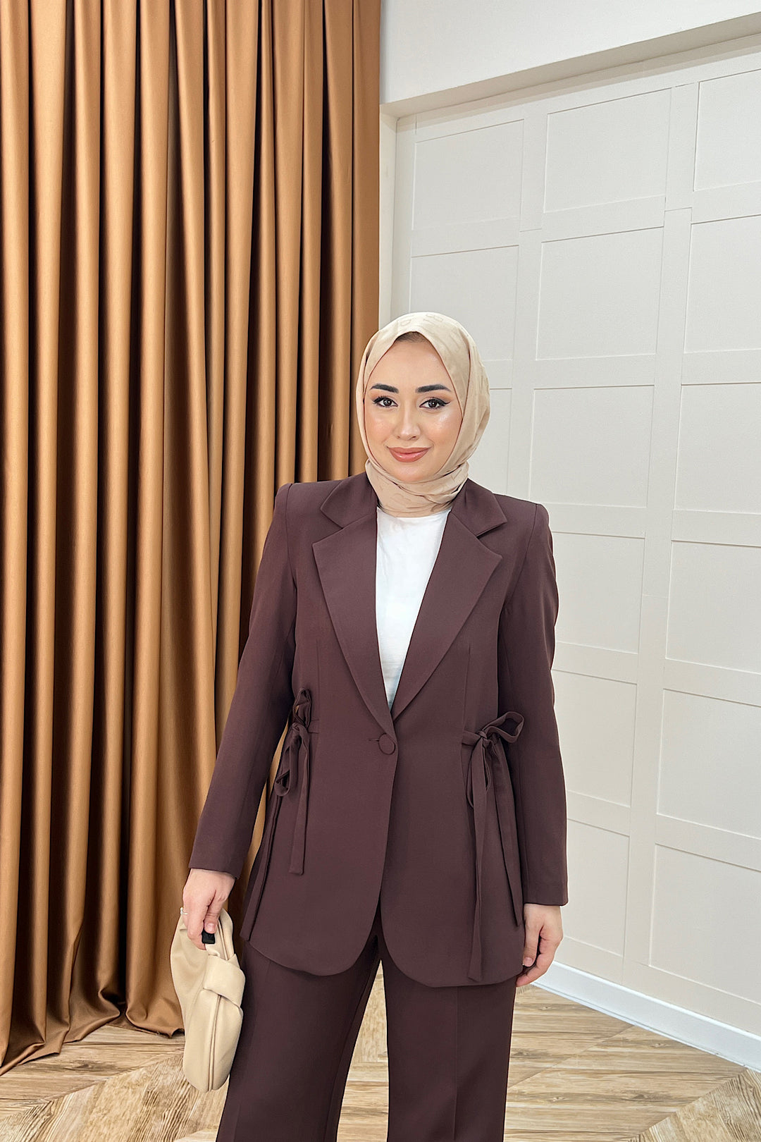 Zeina Bel Detay Ceketli Takım Kahverengi 06202-KAHVERENGI