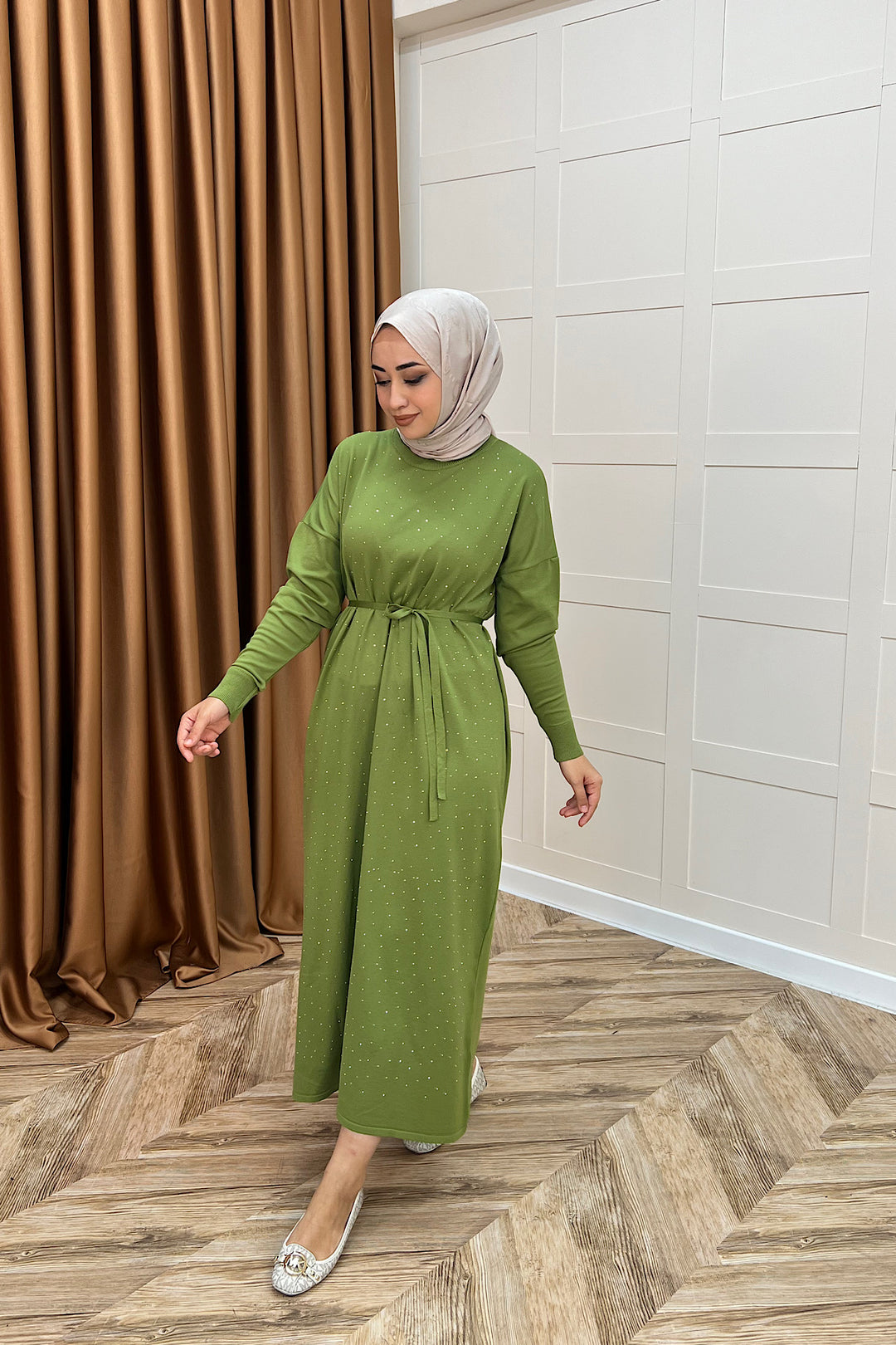 Mabel Taşlı Triko Elbise Yağ Yeşili 25270-YAGYESILI