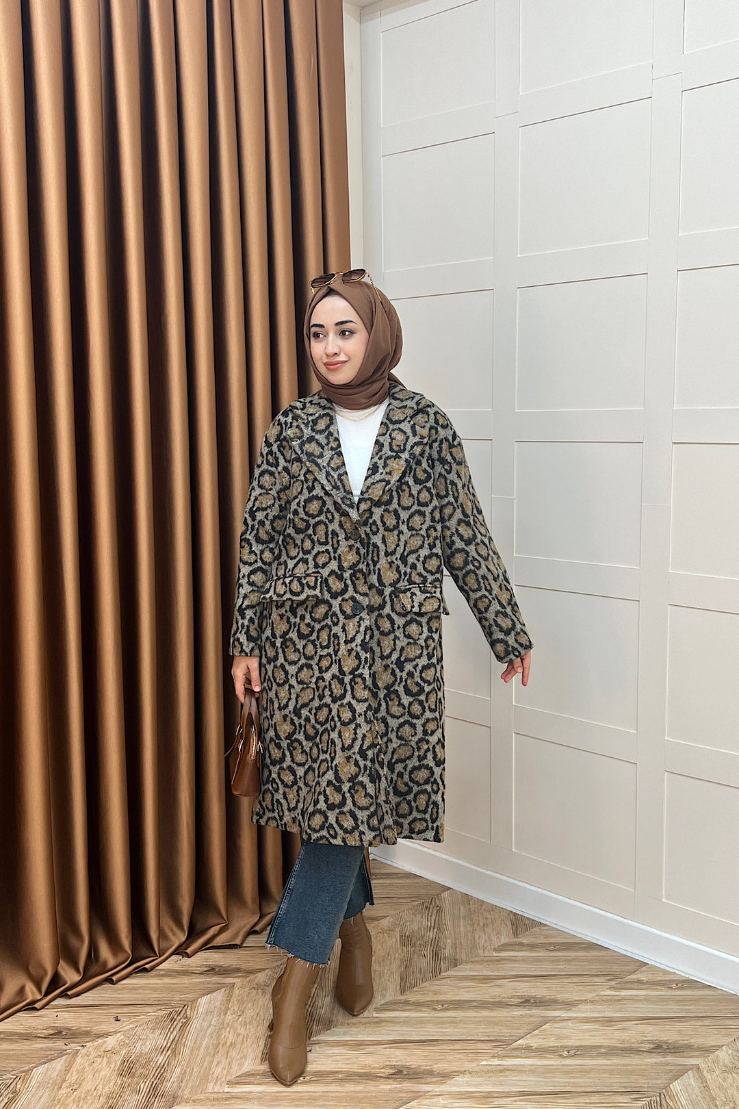 Leopar Desen Kaşe Kaban Kahverengi 2033-KAHVERENGI