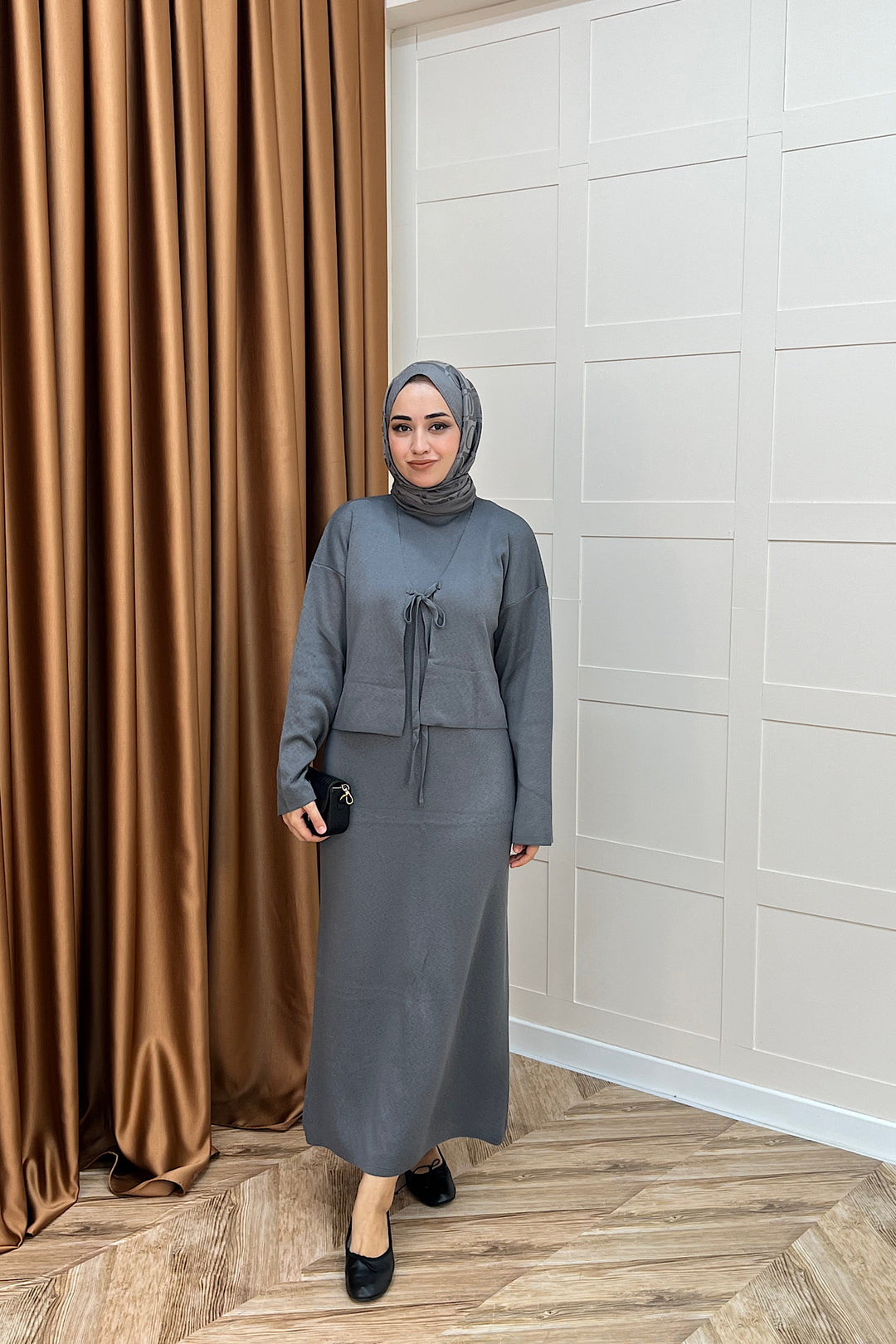 Ester Croplu İkili Triko Elbise Gri 25160-GRİ