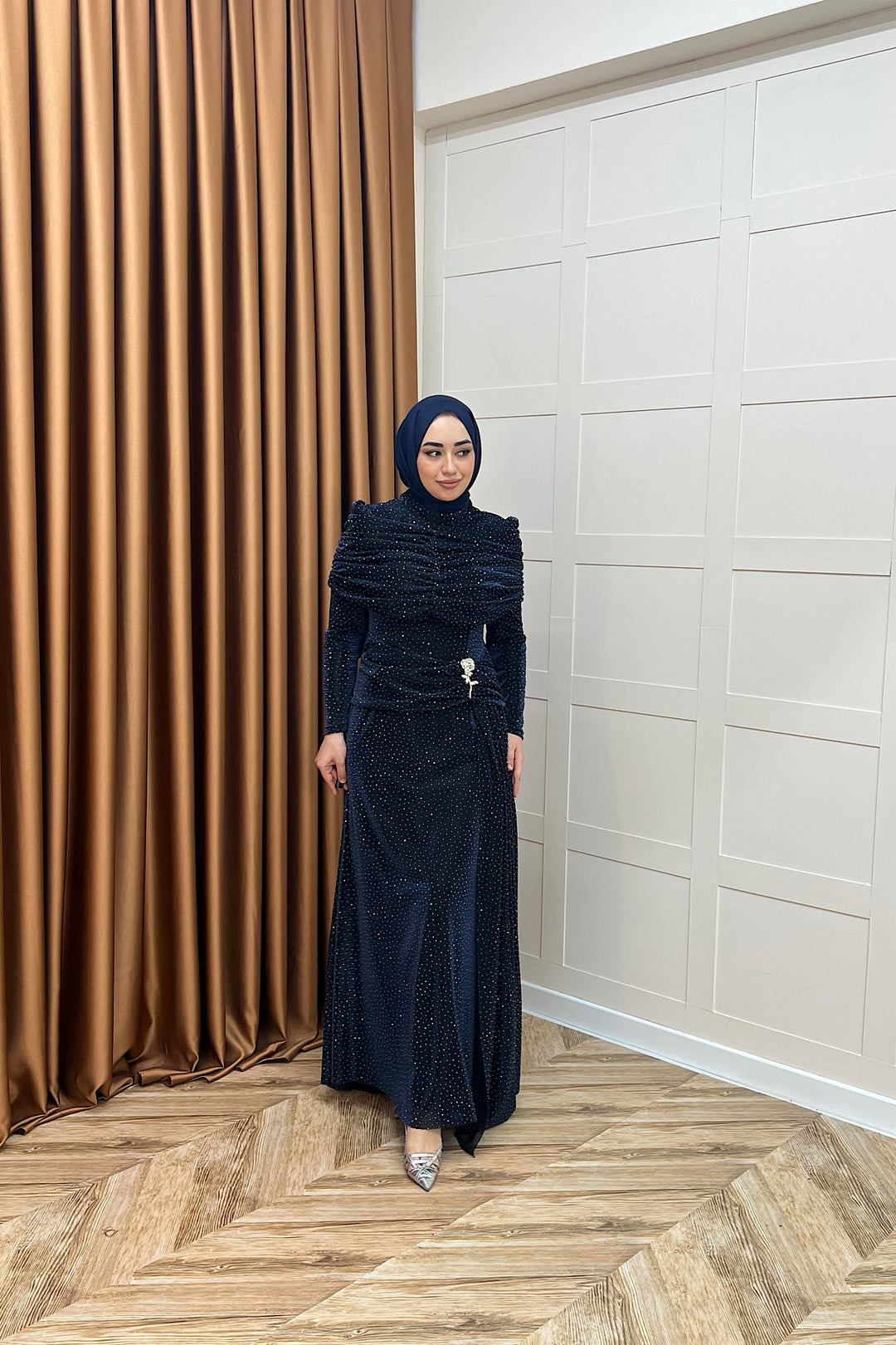 Helena Çiçek Taşlı Abiye Lacivert 3097-LACIVERT