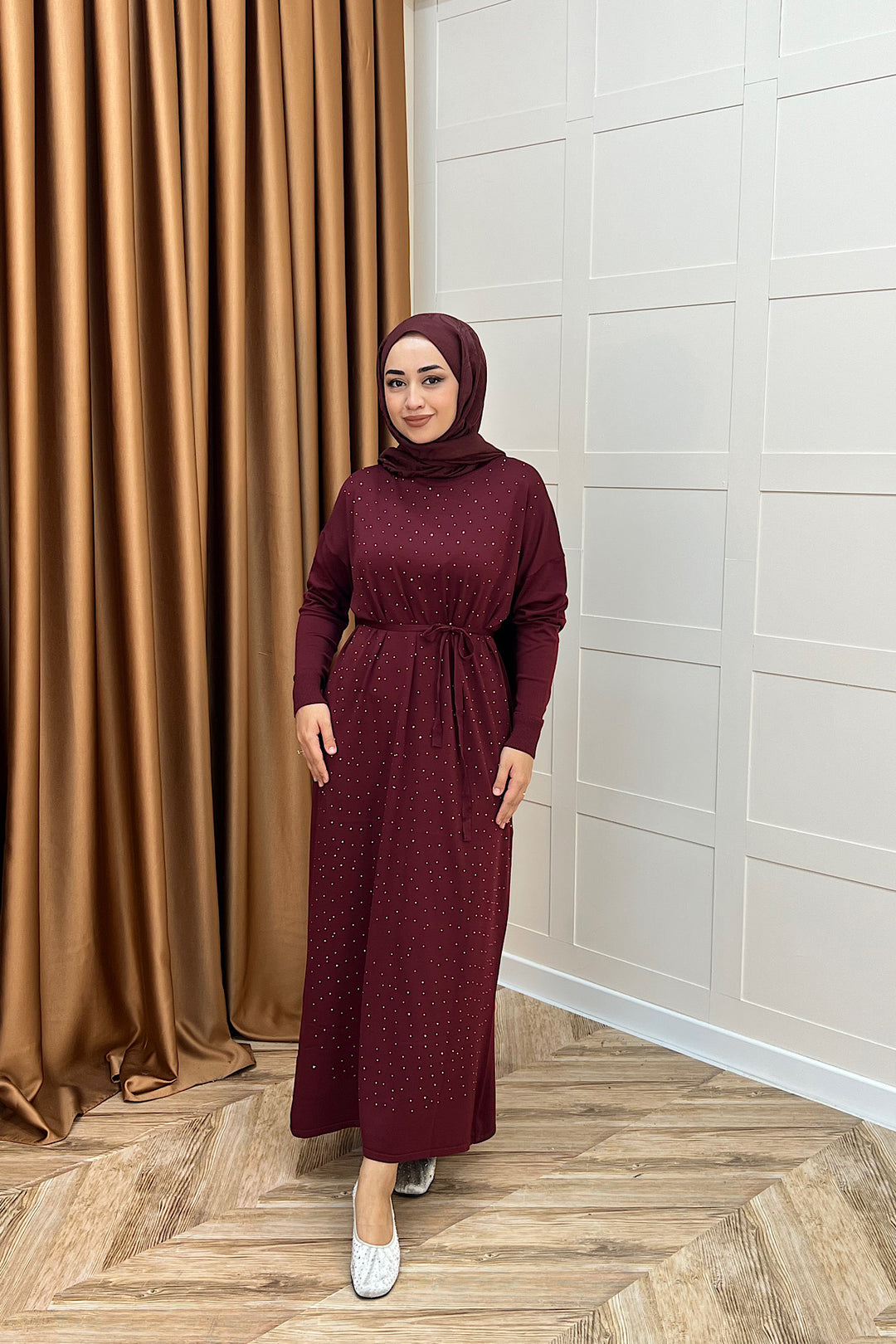 Mabel Taşlı Triko Elbise Bordo 25270-BORDO
