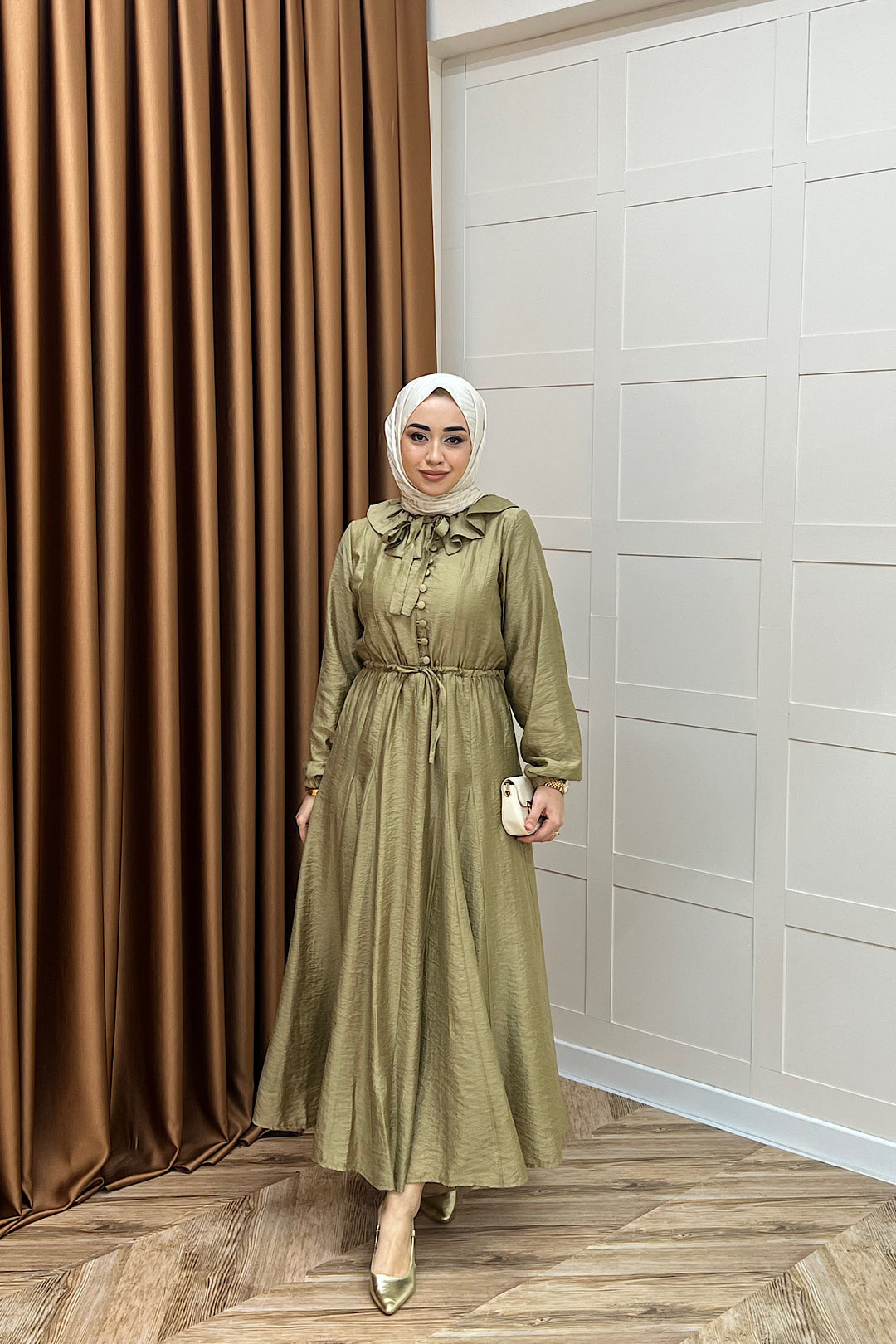 Lena Vual Elbise Yağ Yeşili 2990-YAGYESILI