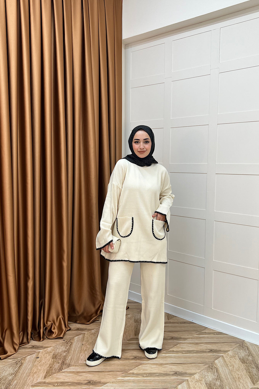 Cep Örgülü Triko Takım Krem 24200-KREM