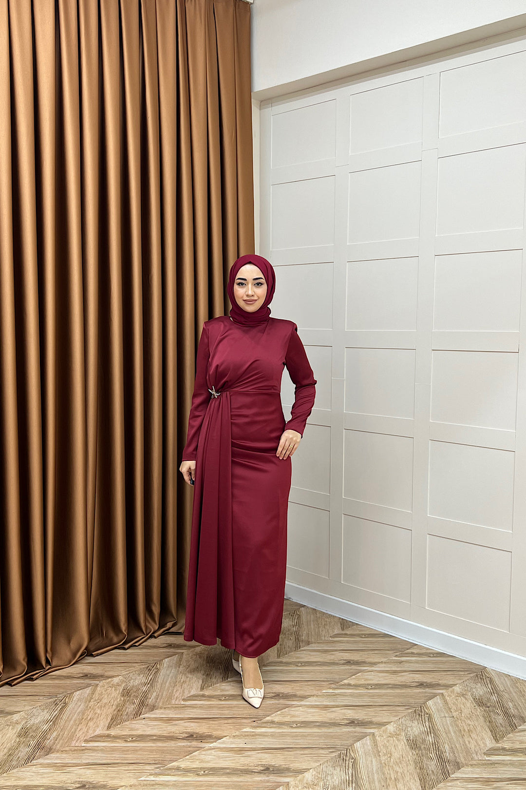 Hazel Saten Abiye Bordo 3084-BORDO