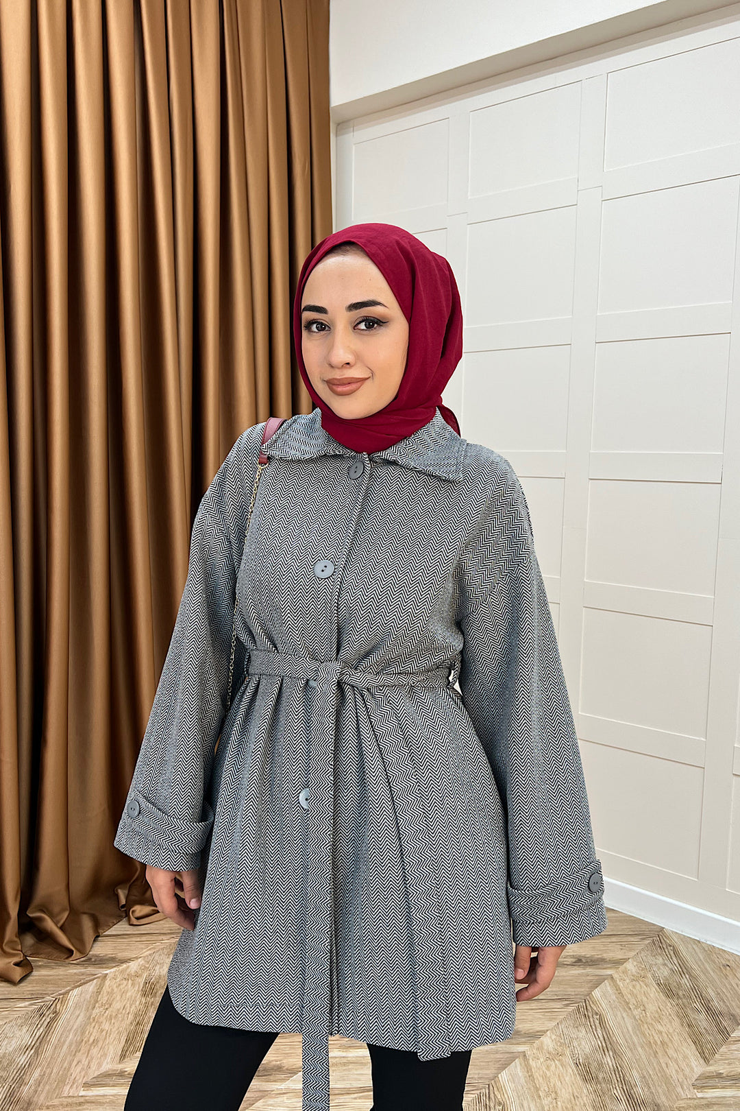 Bensu Kuşaklı Kaşe Kaban Gri 5518-GRI