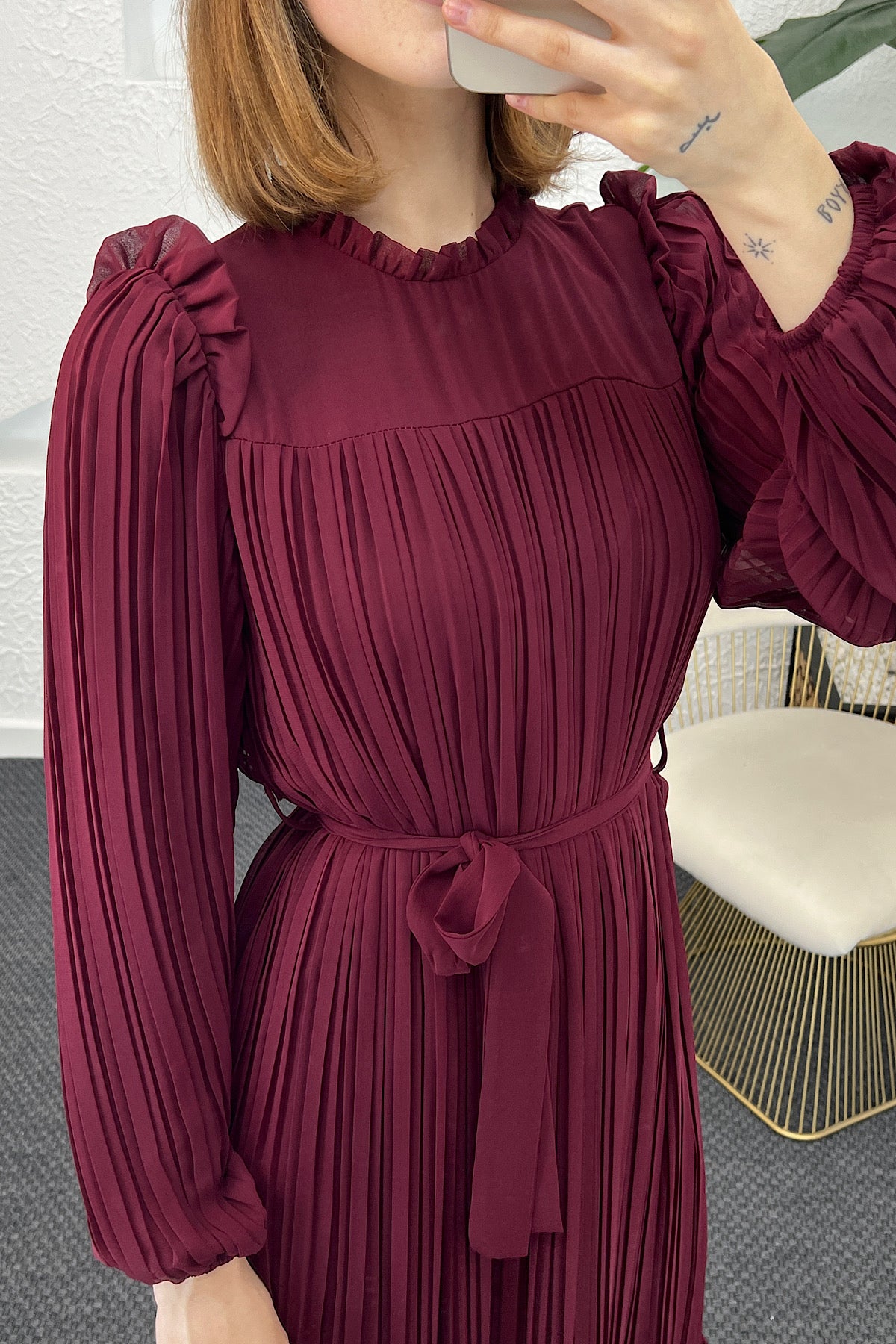 Bella Piliseli Şifon Elbise Bordo 04670-BORDO