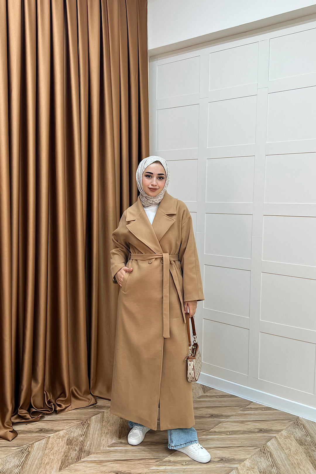 Retro Premium Kumaş Uzun Kaşe Kaban Camel 5509-CAMEL