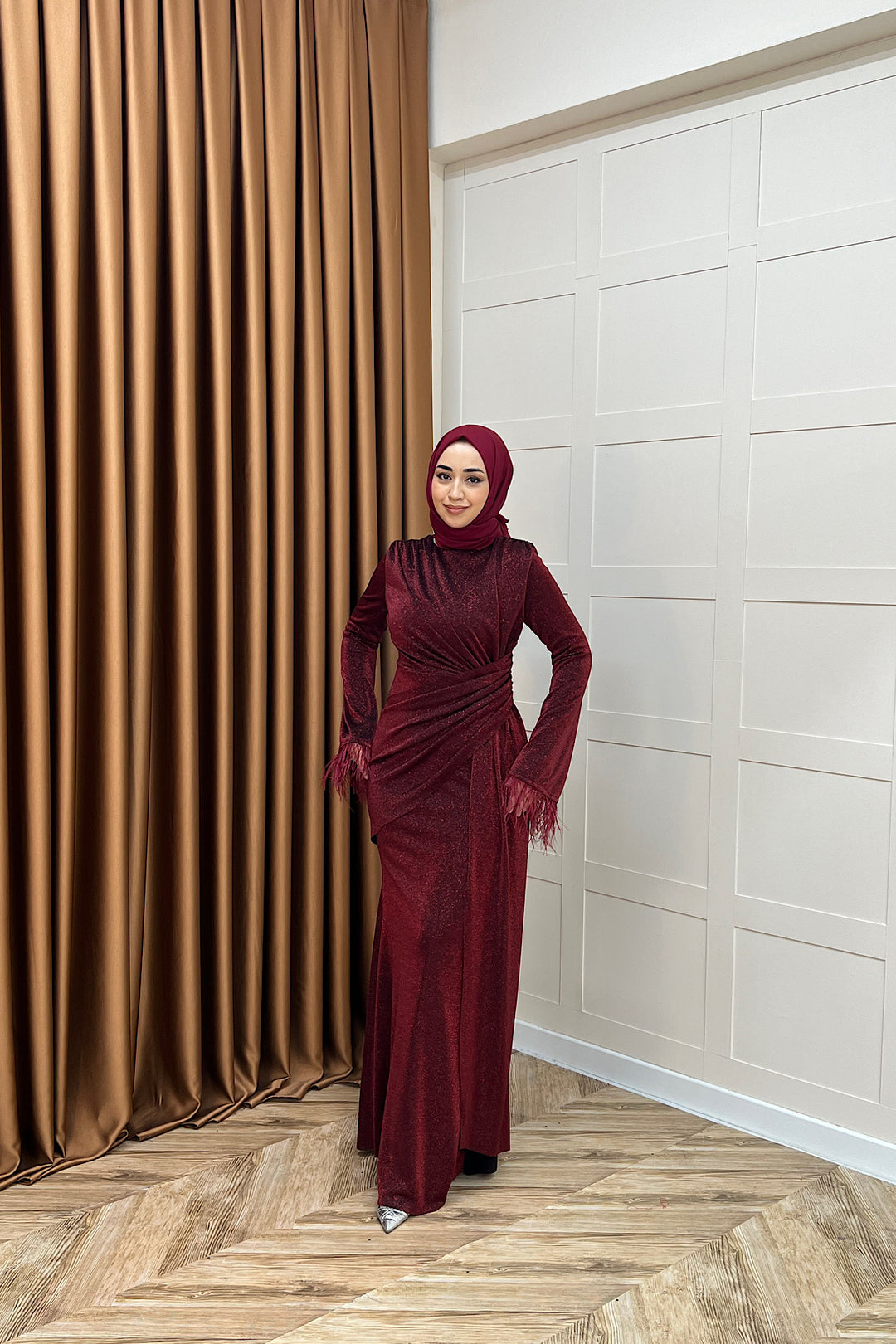 Rosalin Tüy Detay Abiye Bordo 3088-BORDO