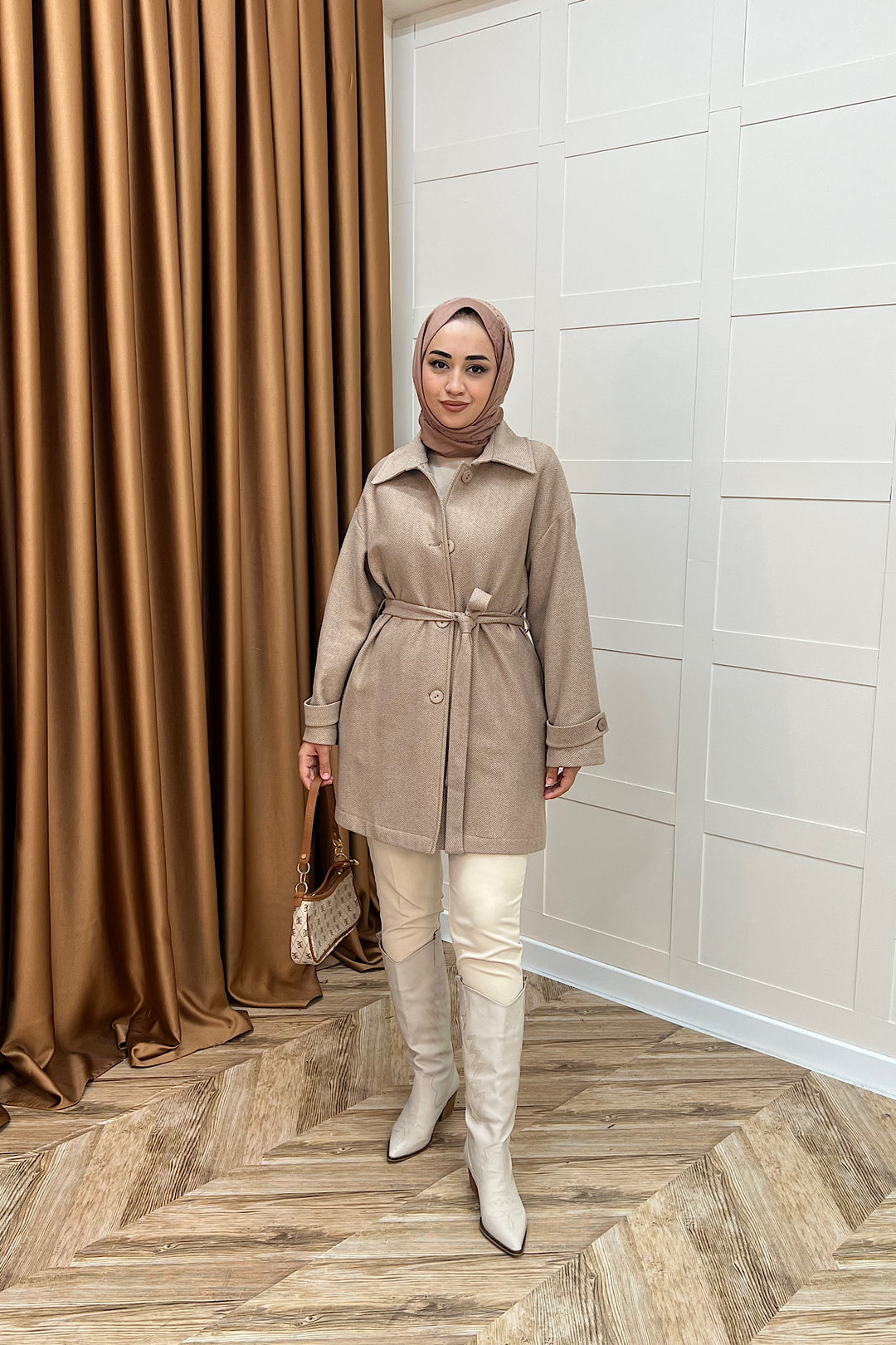 Bensu Kuşaklı Kaşe Kaban Kahverengi 5518-KAHVERENGI