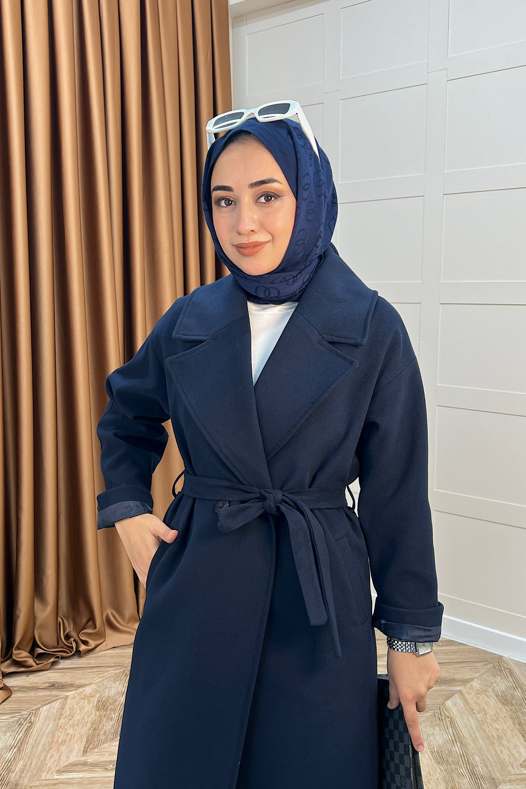 Retro Premium Kumaş Uzun Kaşe Kaban Lacivert 5509-LACIVERT