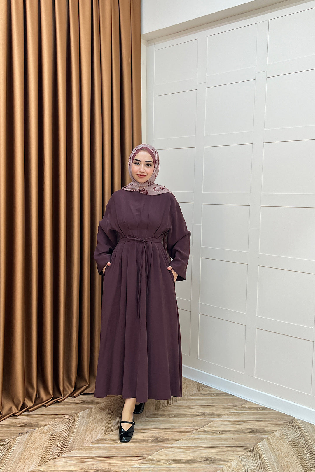 Belden Bağlamalı Cupra Elbise Mürdüm 5013-MURDUM