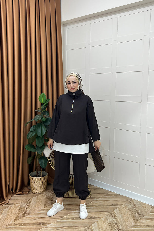 Almira Yarım Fermuar İkili Takım Kahverengi 08370-KAHVERENGI