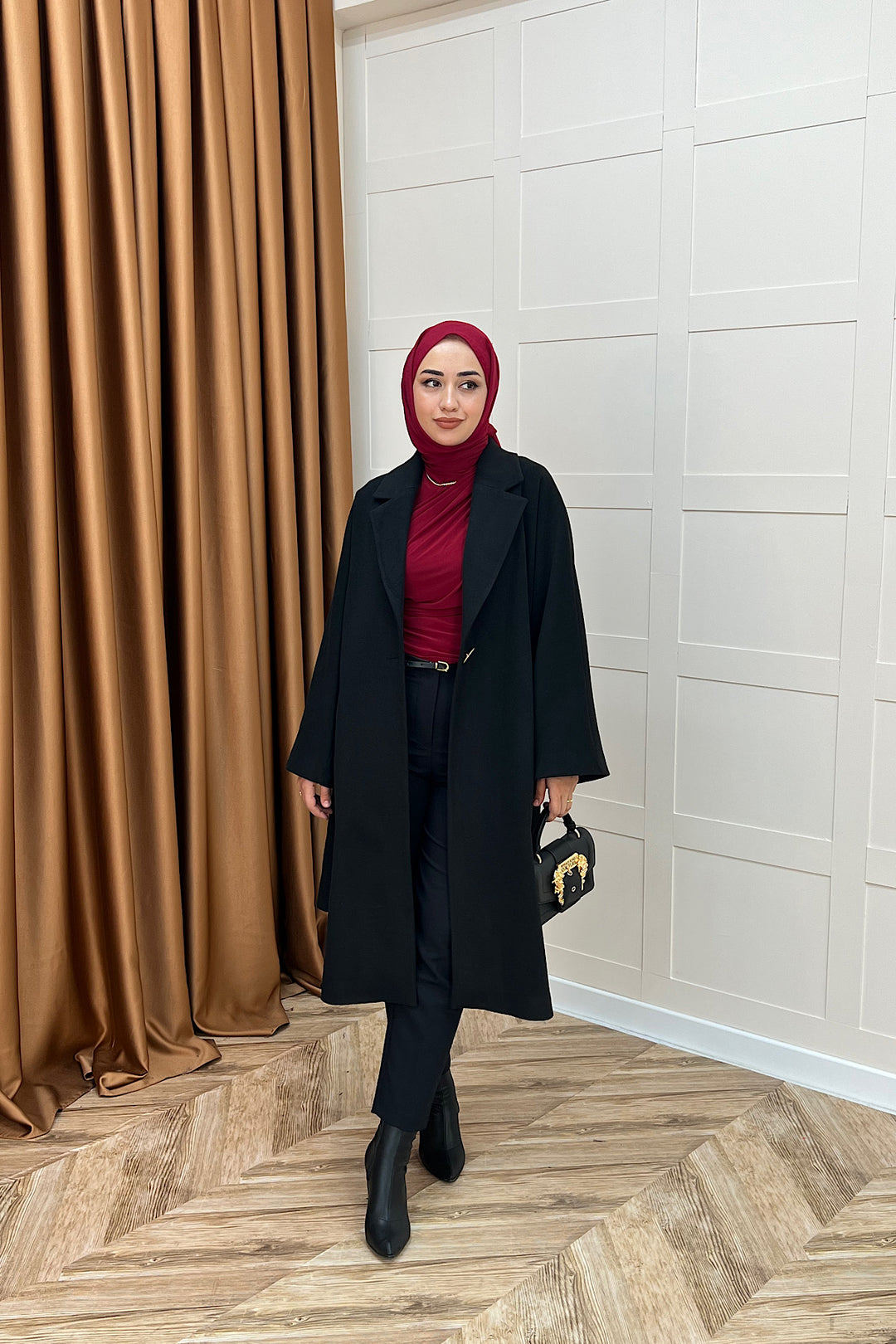 Yıldız Premium Kumaş Kuşaklı Kaban Siyah 5515-SIYAH