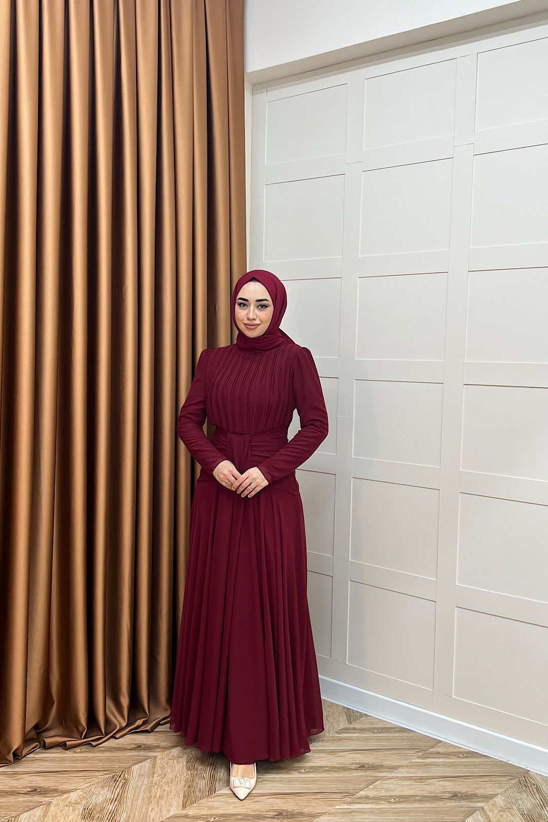 Elanor Bel Detay Şifon Abiye Bordo 3092-BORDO