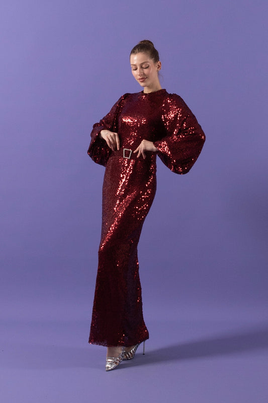 Kristal Payetli Balon Kol Abiye Bordo 3016-BORDO