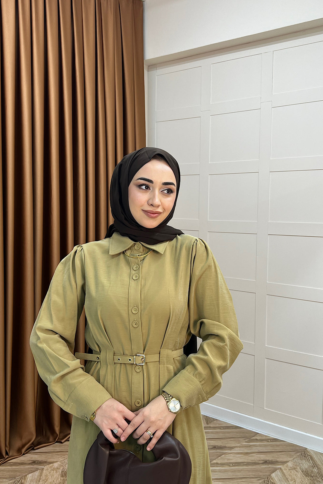 Nisa Boydan Düğmeli Elbise Yağ Yeşili 3000-YAGYESILI