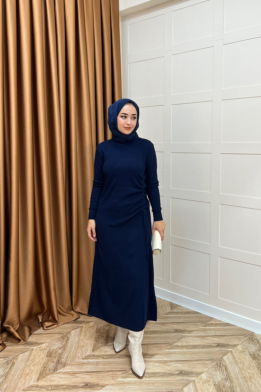 Yandan Büzgülü Triko Elbise Lacivert 24870-LACIVERT