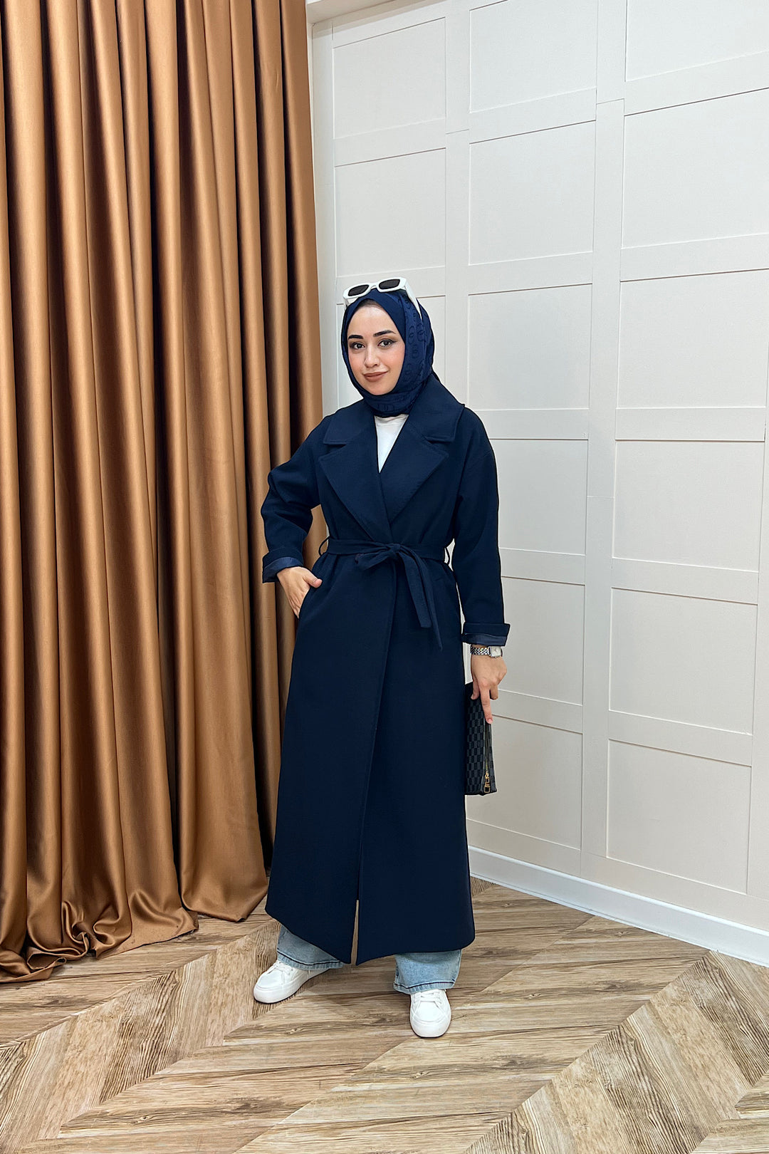 Retro Premium Kumaş Uzun Kaşe Kaban Lacivert 5509-LACIVERT