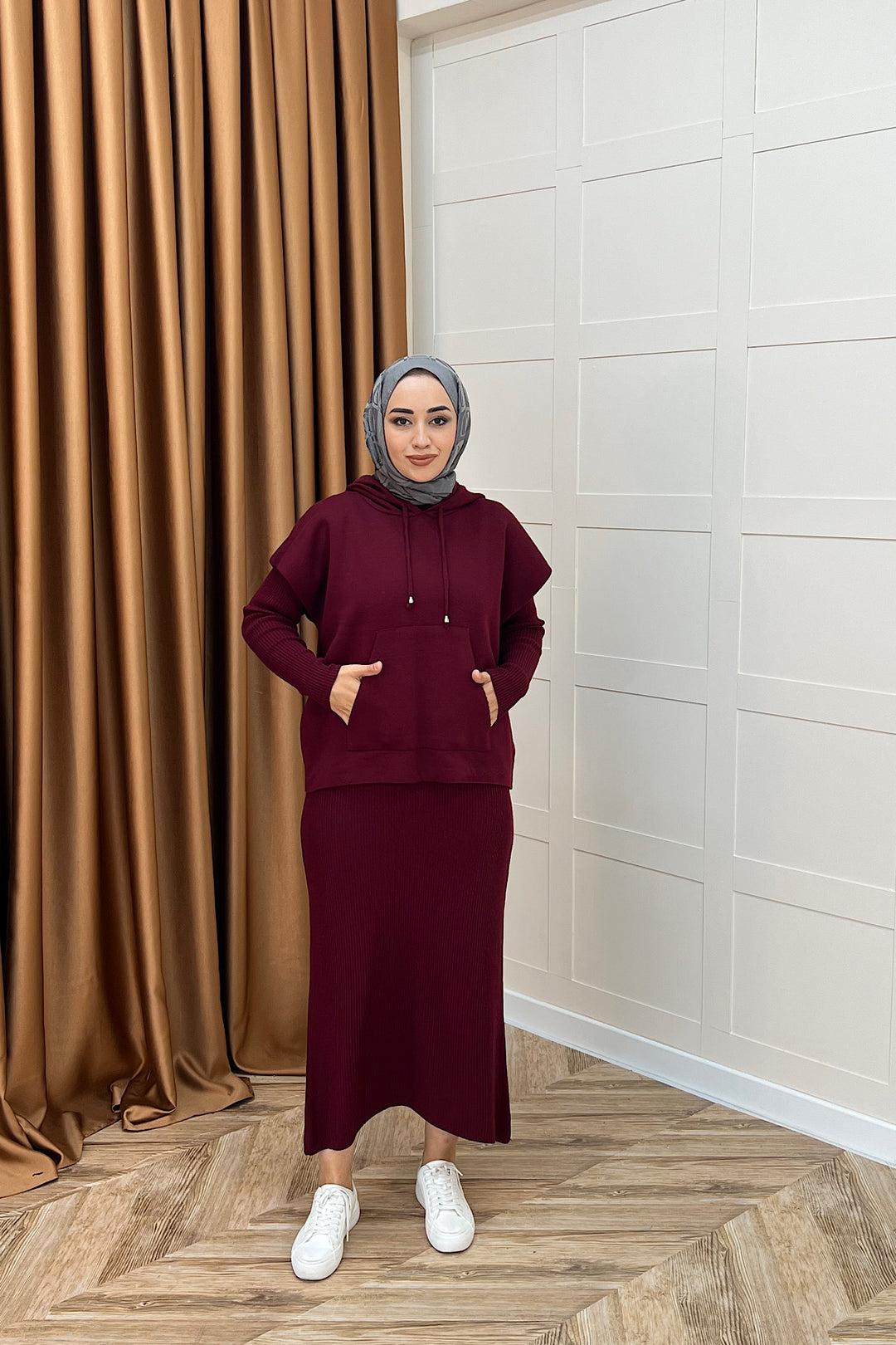 Üst Kapüşonlu İkili Triko Elbise Bordo 25290-BORDO