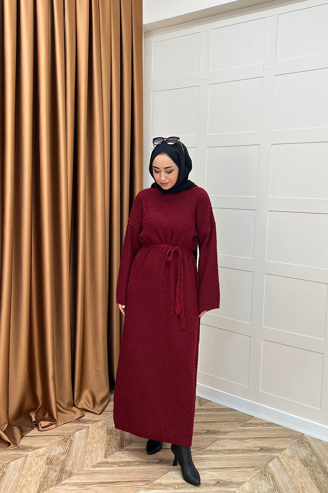 Yumoş Sim Karışımlı Salaş Triko Elbise Bordo 252500-BORDO