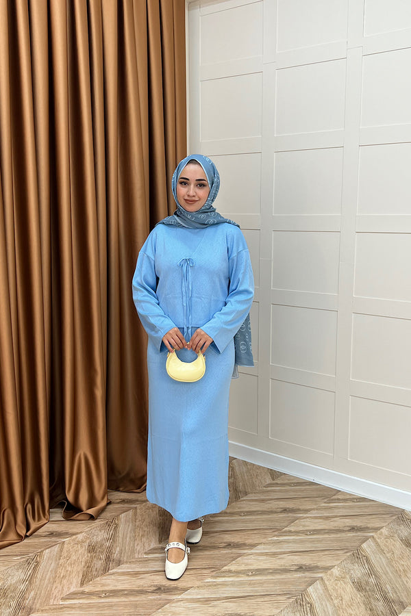 Ester Croplu İkili Triko Elbise Mavi 25160-MAVI