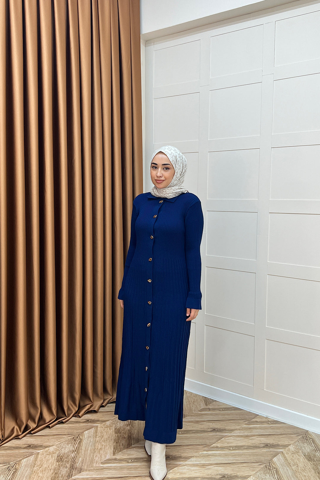 Endam Düğmeli Triko Elbise Lacivert 10201-LACIVERT