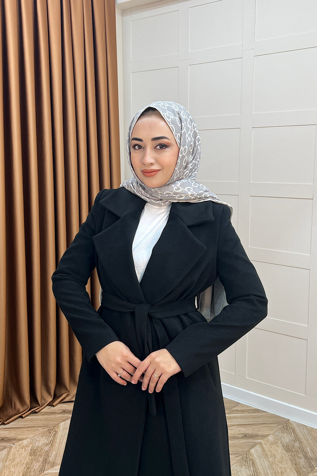 Premium Kuşaklı Kaşe Kaban Siyah 5510-SIYAH