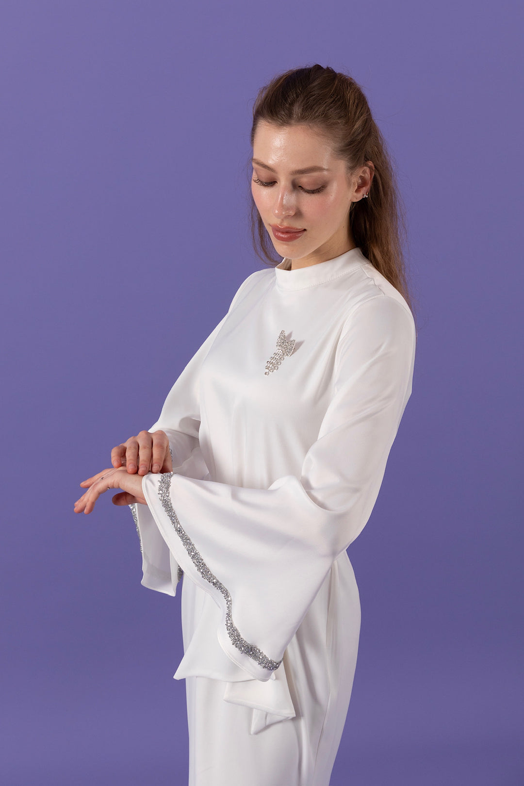 Kolları Taş Detay Saten Abiye Beyaz 3011-BEYAZ